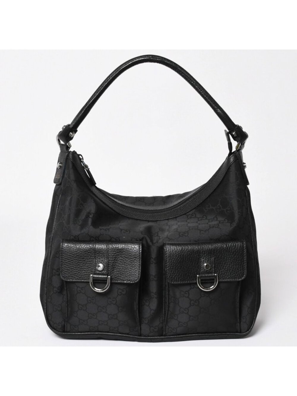 Gucci Hobo Handbag GG Canvas Leather Black Silver